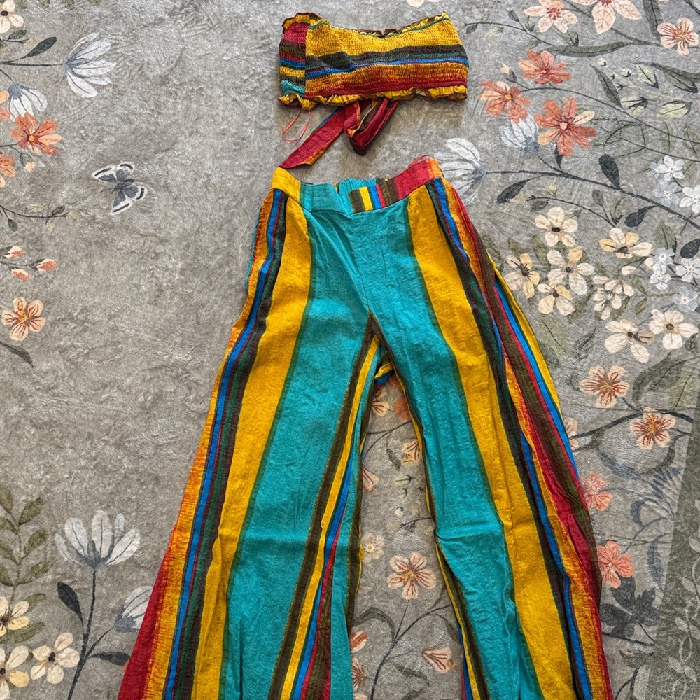 Cider Teal & Mustard Striped Wide Leg Pants